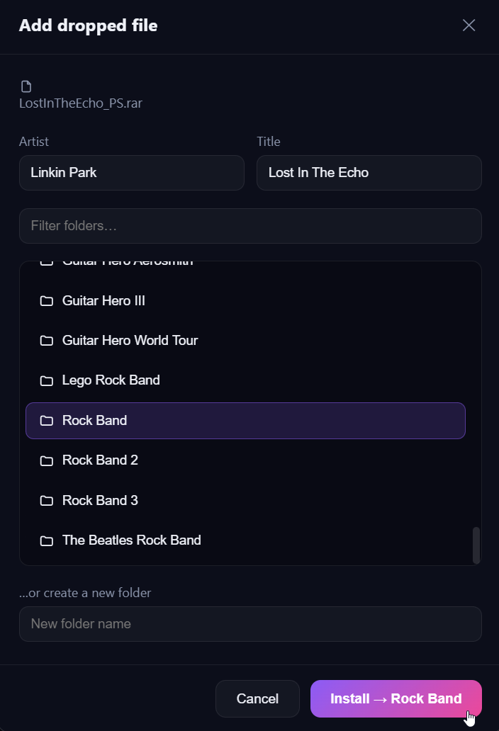 Add dropped file dialog — tag the artist and title, then pick a destination folder