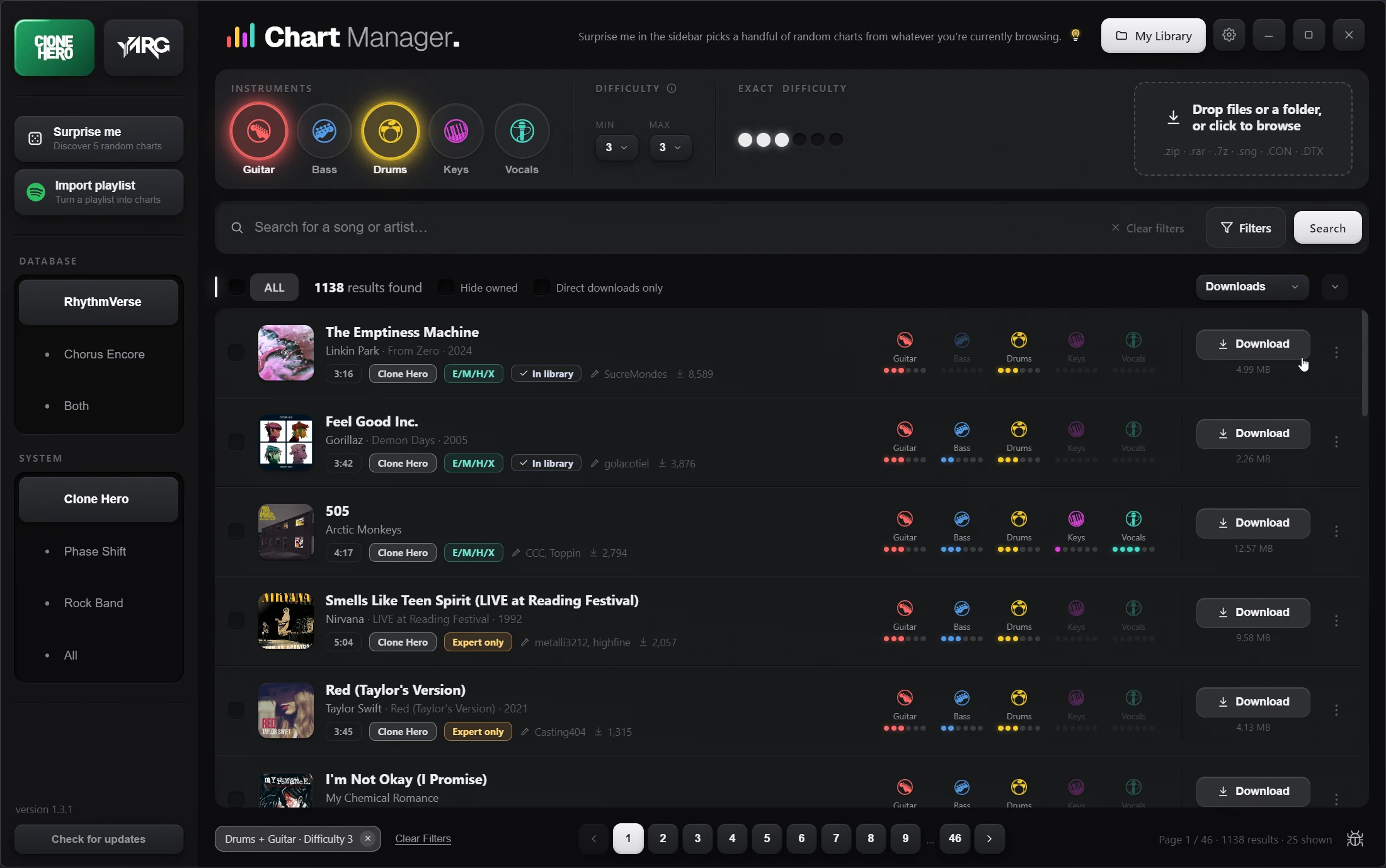 Clone Hero launched, shown from Chart Manager