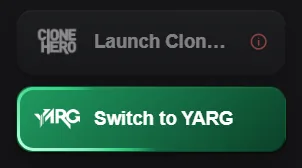 Launch button states: running YARG and Clone Hero with a missing executable