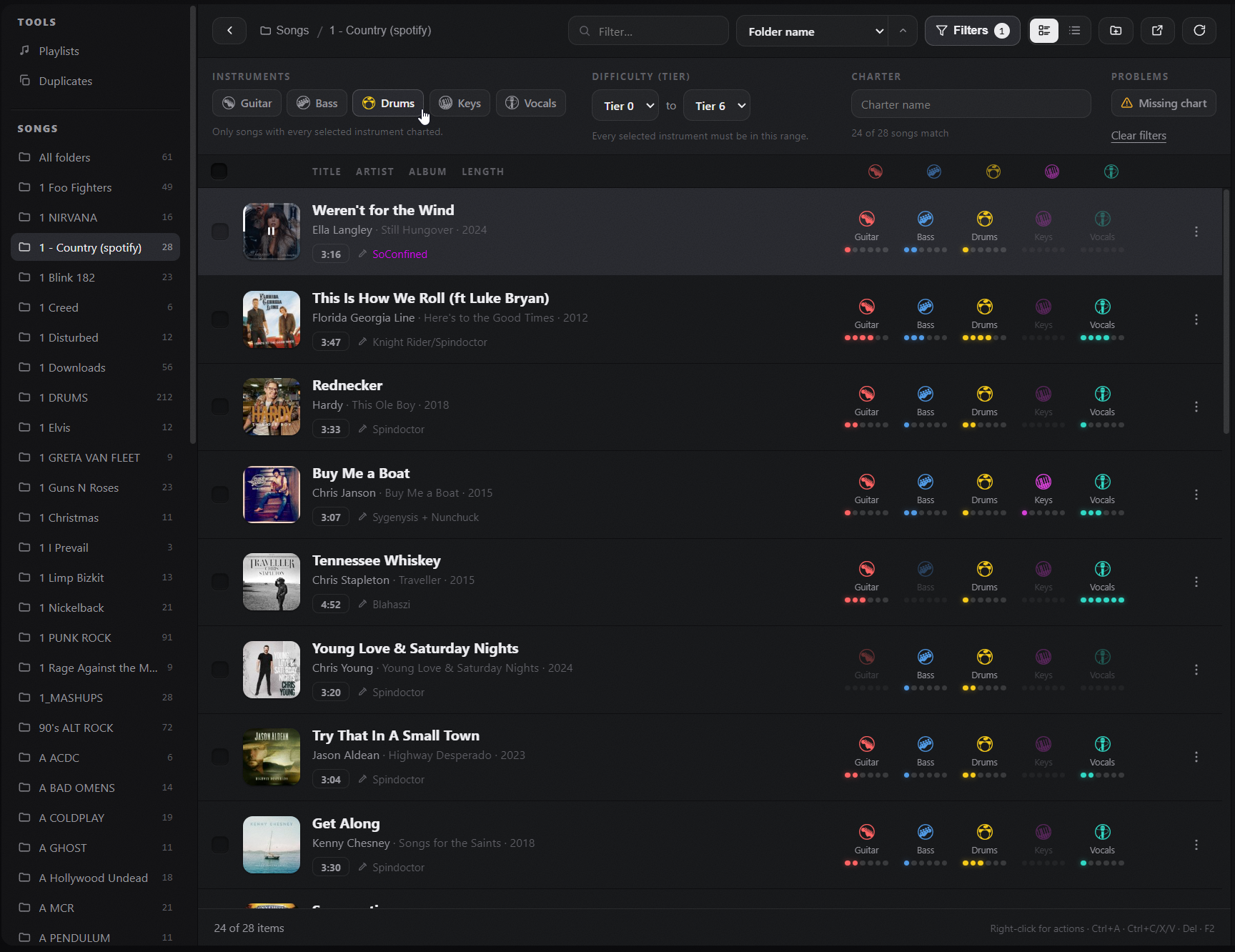 Library screen with album art, instrument difficulties and filters