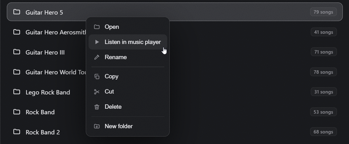 Right-click a folder and choose to listen in the built-in music player