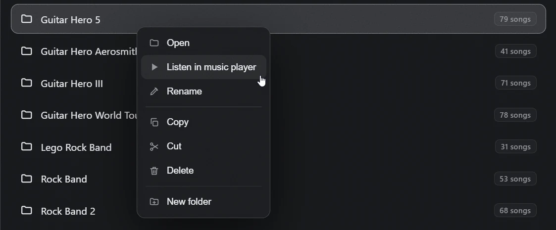 Right-click a folder and choose to listen in the built-in music player