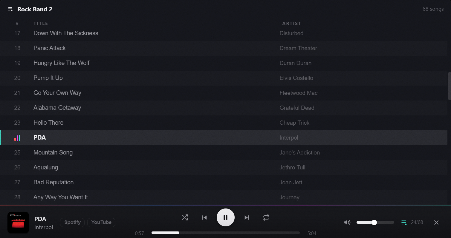 Built-in music player with a sortable queue playing the downloaded library