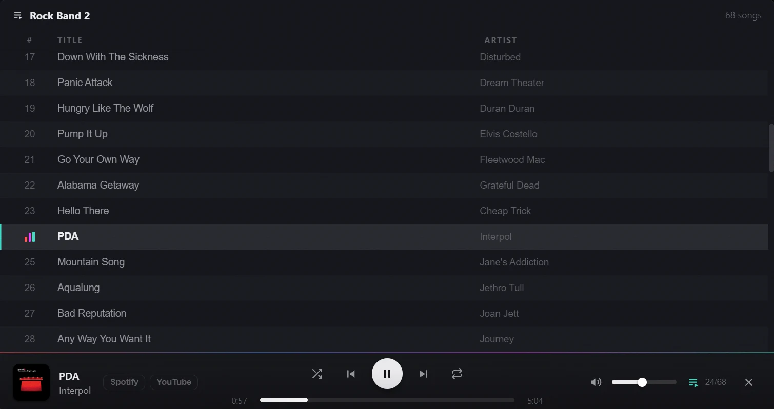 Built-in music player with a sortable queue playing the downloaded library