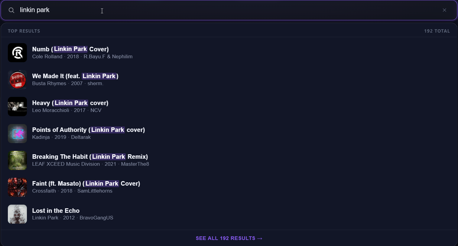 Live search results for Linkin Park