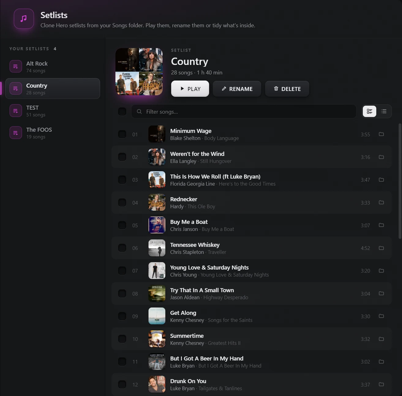 Setlists screen with album art covers and the song list