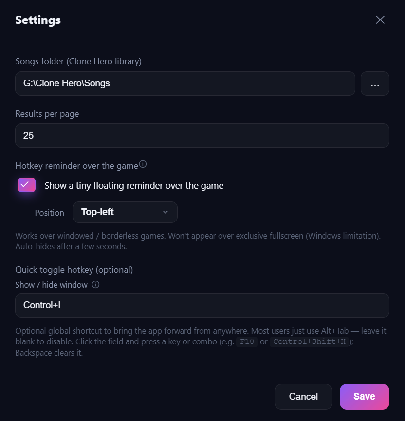 Settings panel