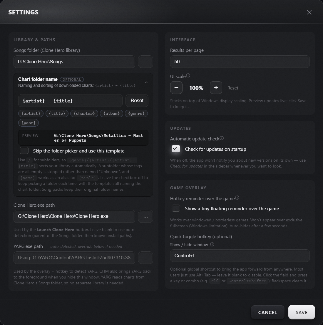 Settings panel