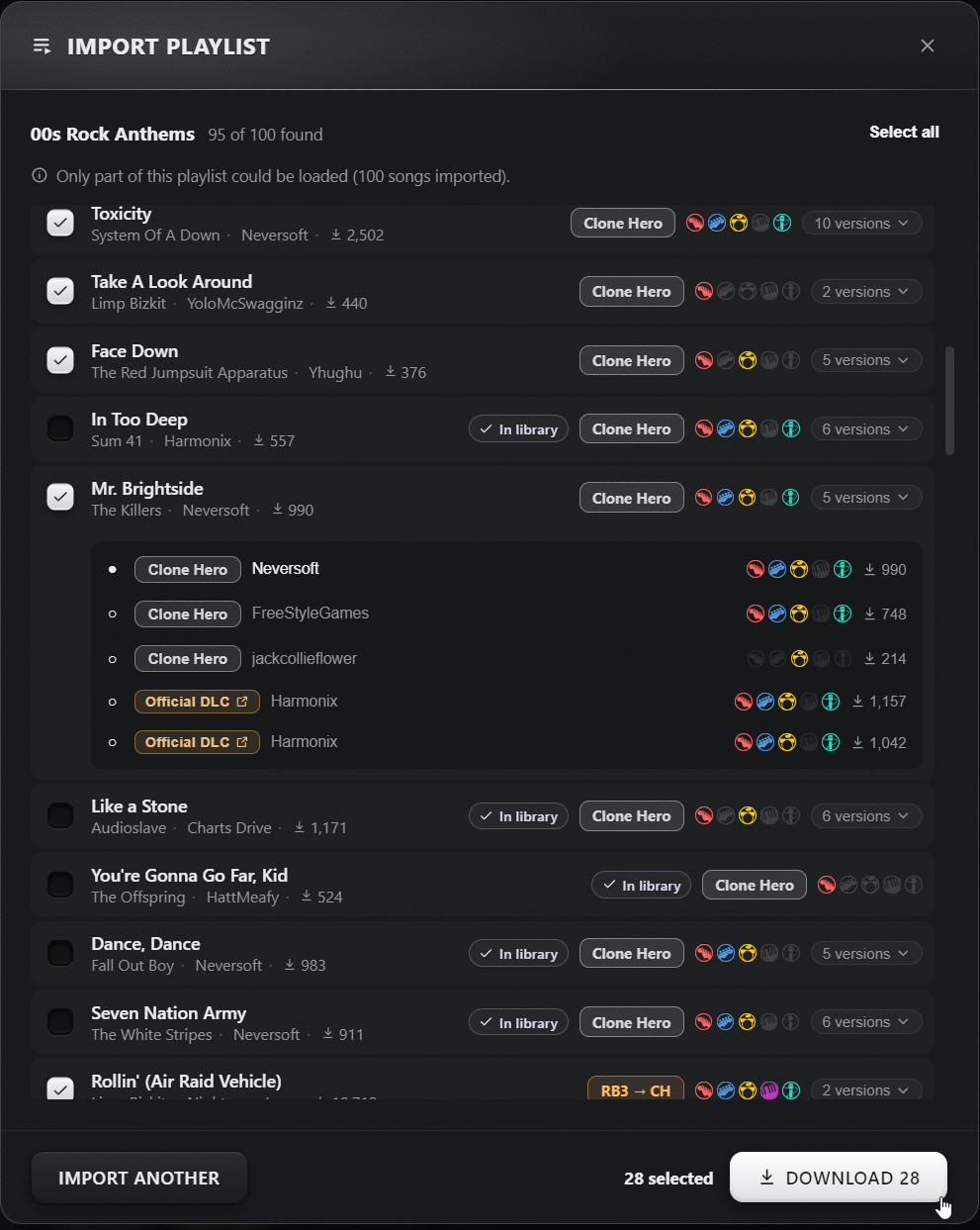 Charts matched to every song in the playlist, ready to download in bulk