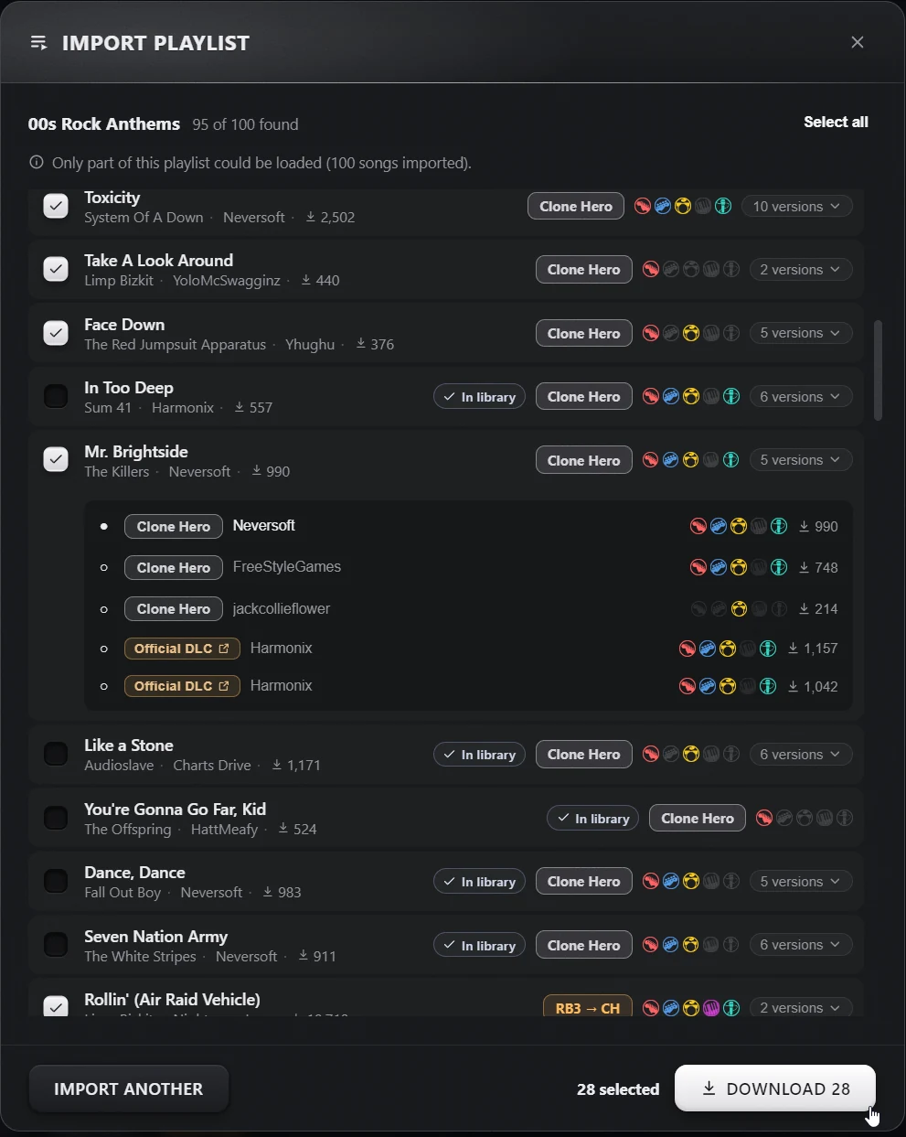 Charts matched to every song in the playlist, ready to download in bulk